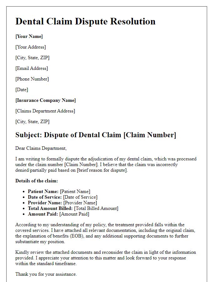 Letter template of dental claim dispute resolution