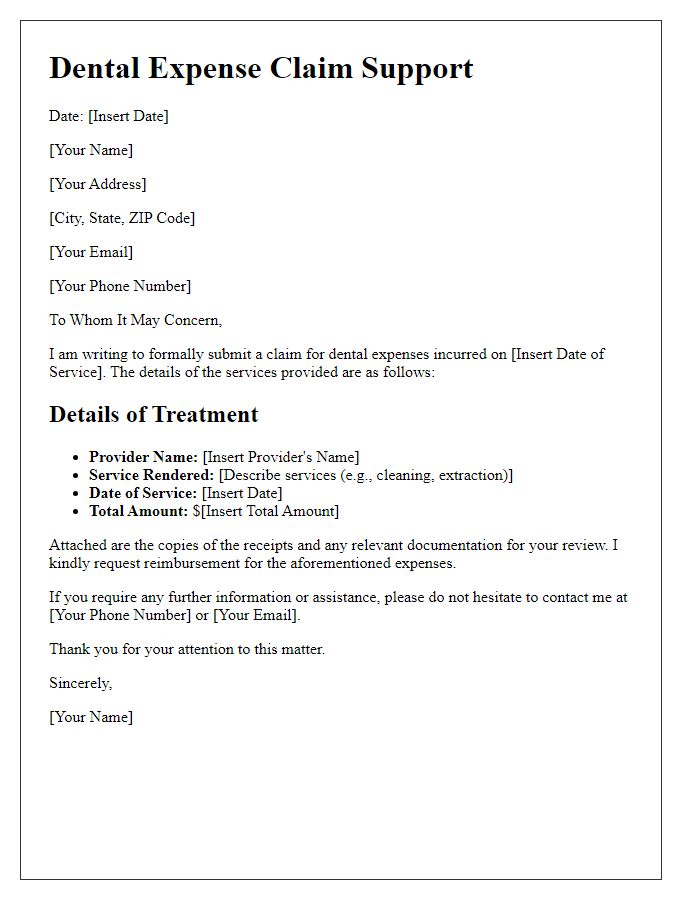 Letter template of dental expense claim support