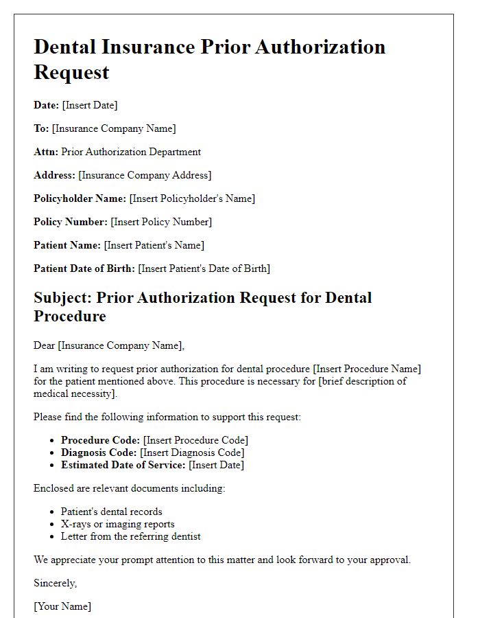 Letter template of dental insurance prior authorization