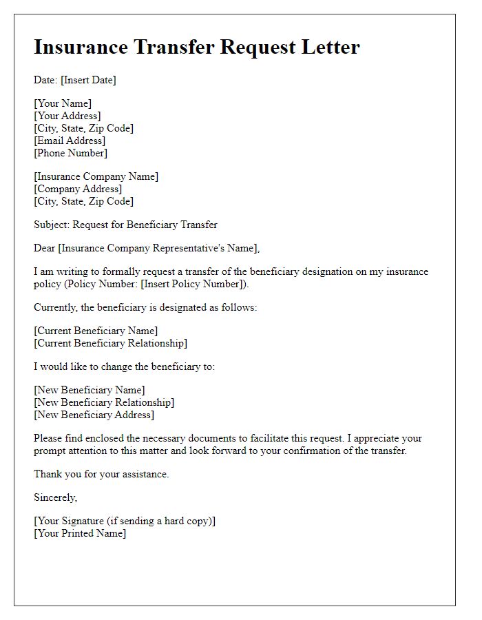 Letter template of insurance company transfer request for beneficiary.