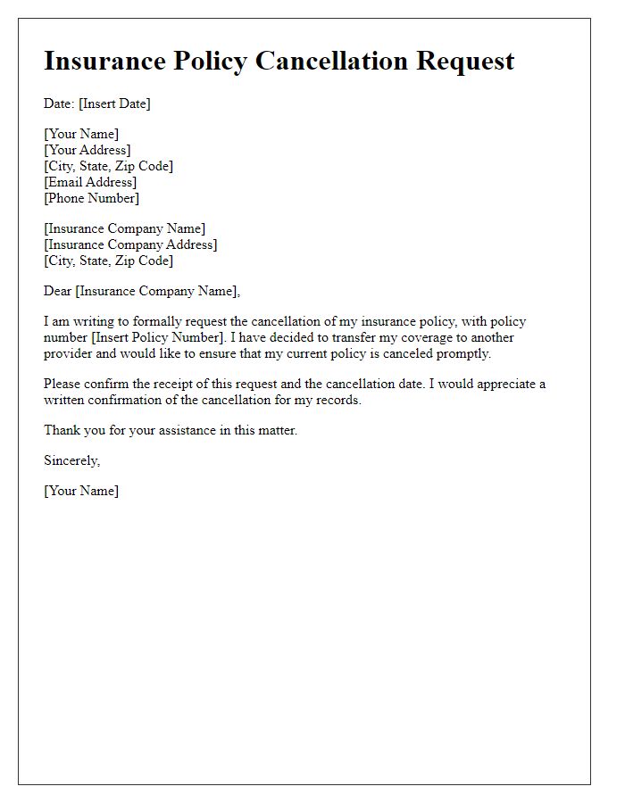 Letter template of insurance company transfer request for cancellation policy.