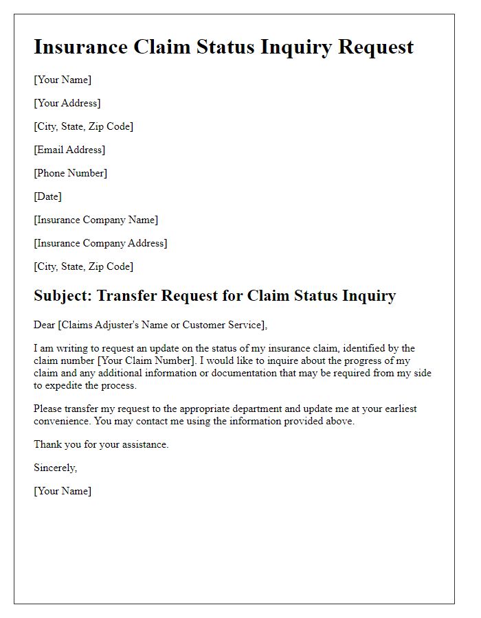 Letter template of insurance company transfer request for claim status inquiry.