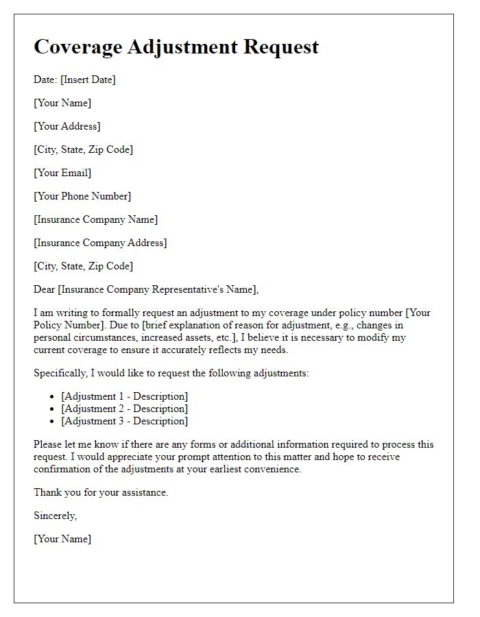 Letter template of insurance company transfer request for coverage adjustment.