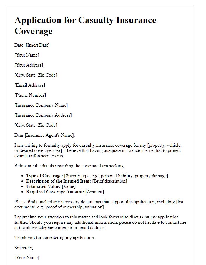 Letter template of application for casualty insurance coverage