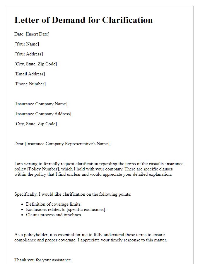 Letter template of demand for clarification on casualty insurance terms