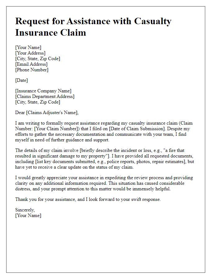 Letter template of request for assistance with casualty insurance claim