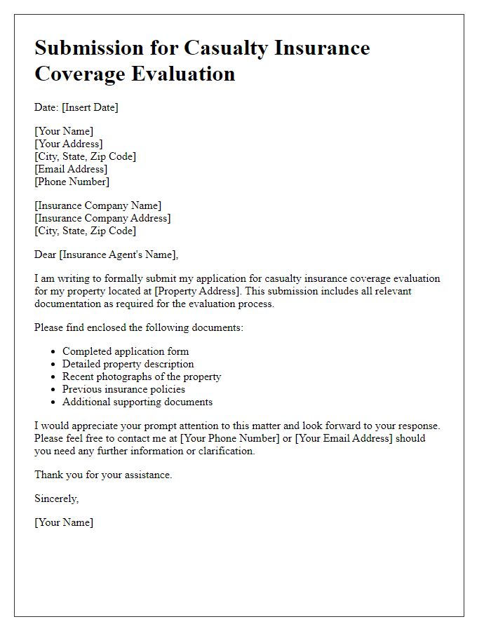 Letter template of submission for casualty insurance coverage evaluation