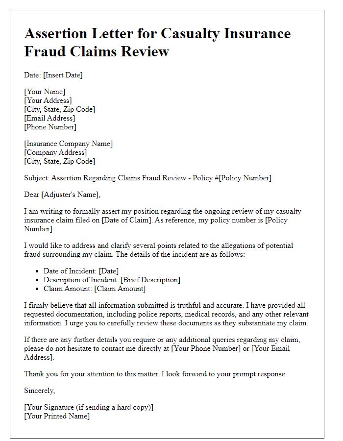 Letter template of assertion for casualty insurance fraud claims review