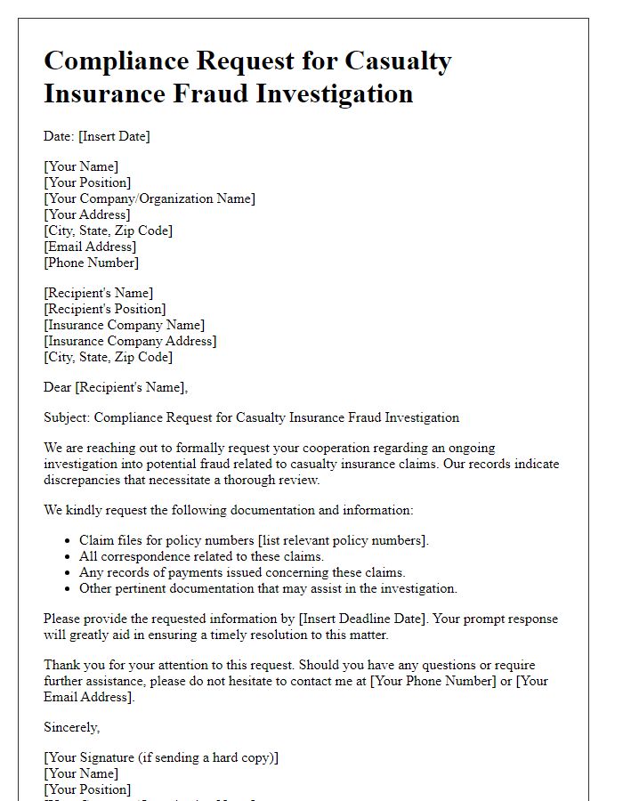 Letter template of compliance request for casualty insurance fraud investigation