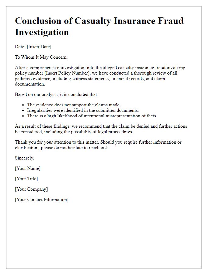 Letter template of conclusion for casualty insurance fraud investigation report