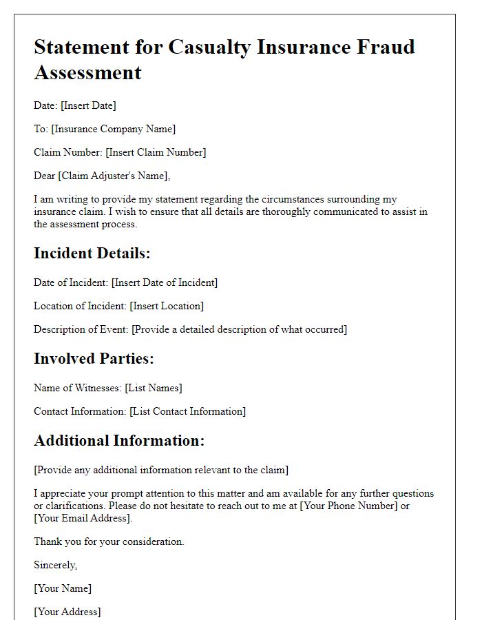 Letter template of statement required for casualty insurance fraud assessment