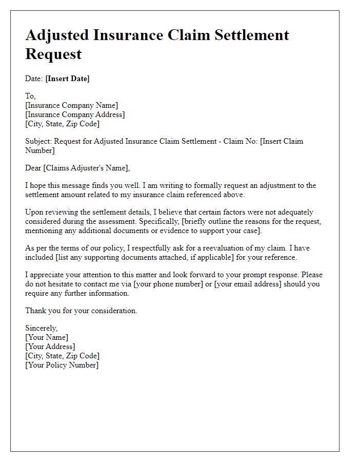 Letter template of adjusted insurance claim settlement request.