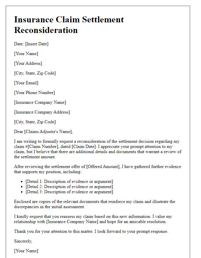 Letter template of detailed insurance claim settlement reconsideration.