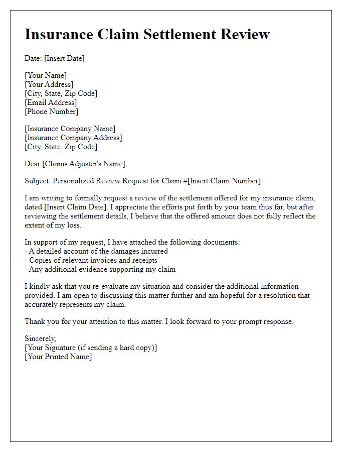 Letter template of individualized insurance claim settlement review.