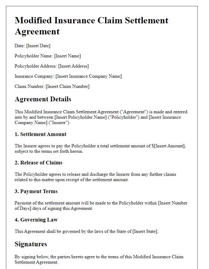 Letter template of modified insurance claim settlement agreement.