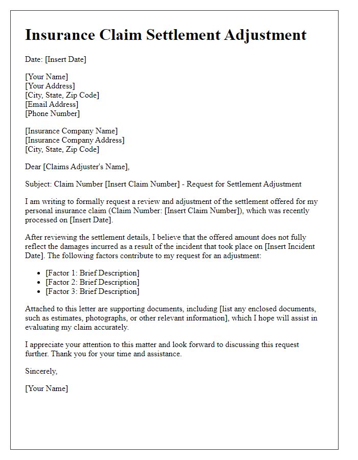 Letter template of personal insurance claim settlement adjustment.