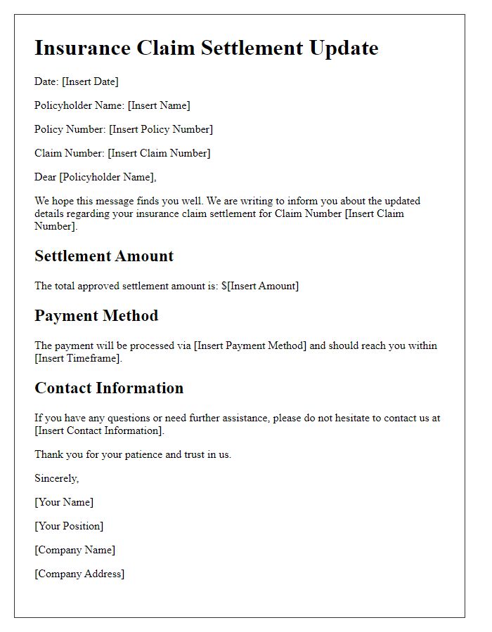 Letter template of updated insurance claim settlement details.