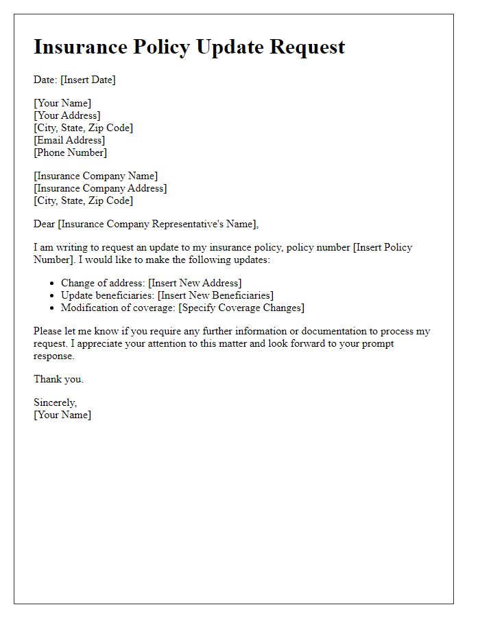 Letter template of insurance policy update request