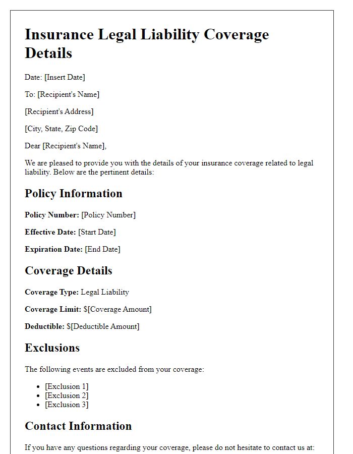 Letter template of insurance legal liability coverage details