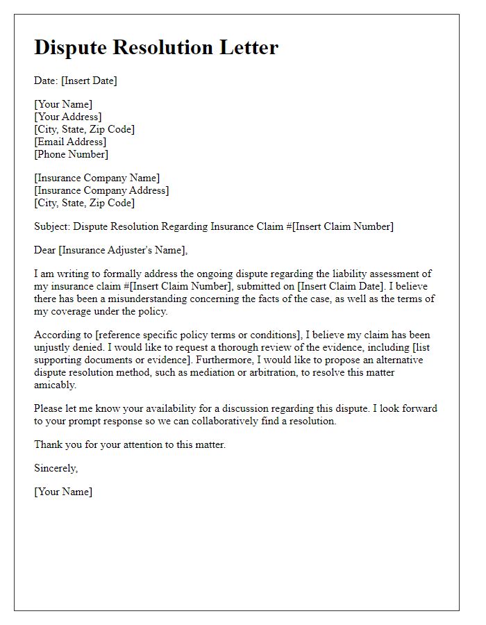 Letter template of insurance legal liability dispute resolution