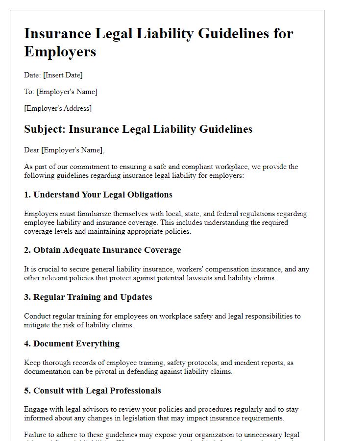 Letter template of insurance legal liability guidelines for employers