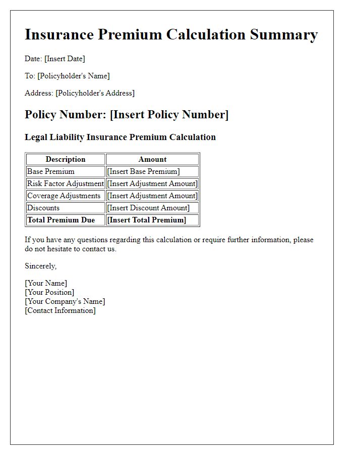 Letter template of insurance legal liability premium calculations