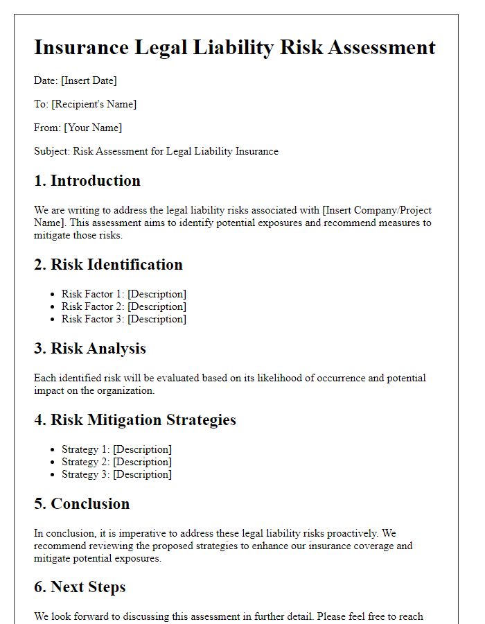 Letter template of insurance legal liability risk assessment