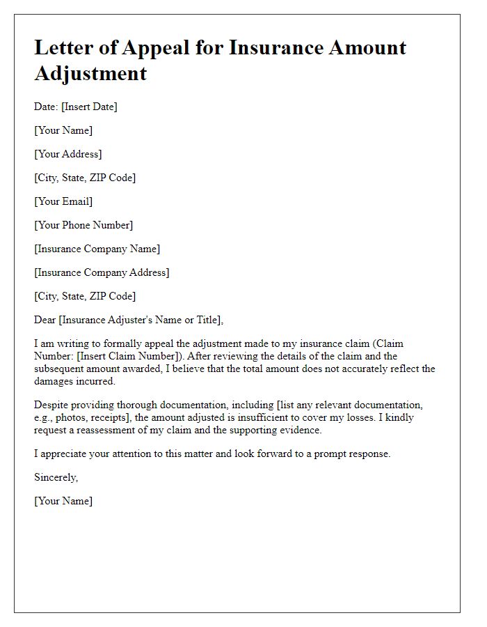 Letter template of appeal for insurance amount adjustment.