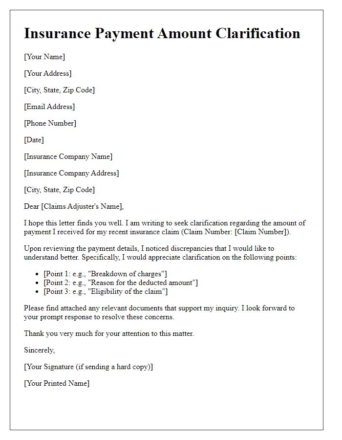 Letter template of insurance payment amount clarification.