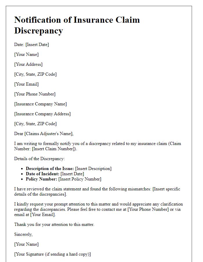 Letter template of notification for insurance claim discrepancy.