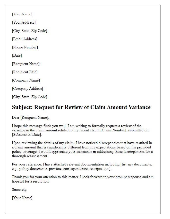 Letter template of request for review of claim amount variance.