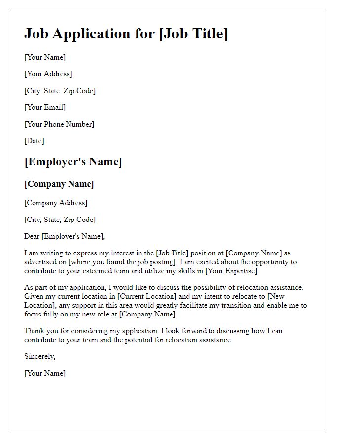 Letter template of job application for relocation assistance request