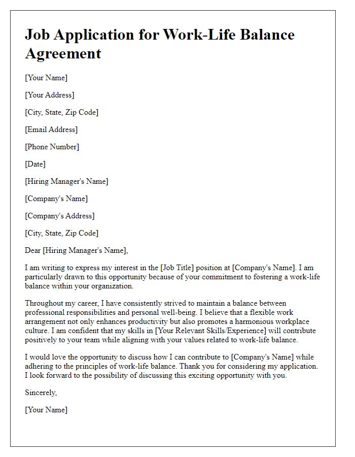 Letter template of job application for work-life balance agreement