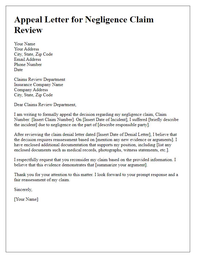 Letter template of appeal letter for negligence claim review.