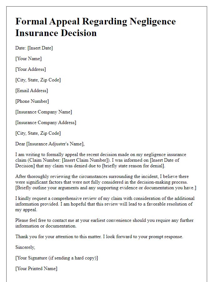 Letter template of formal appeal regarding negligence insurance decision.