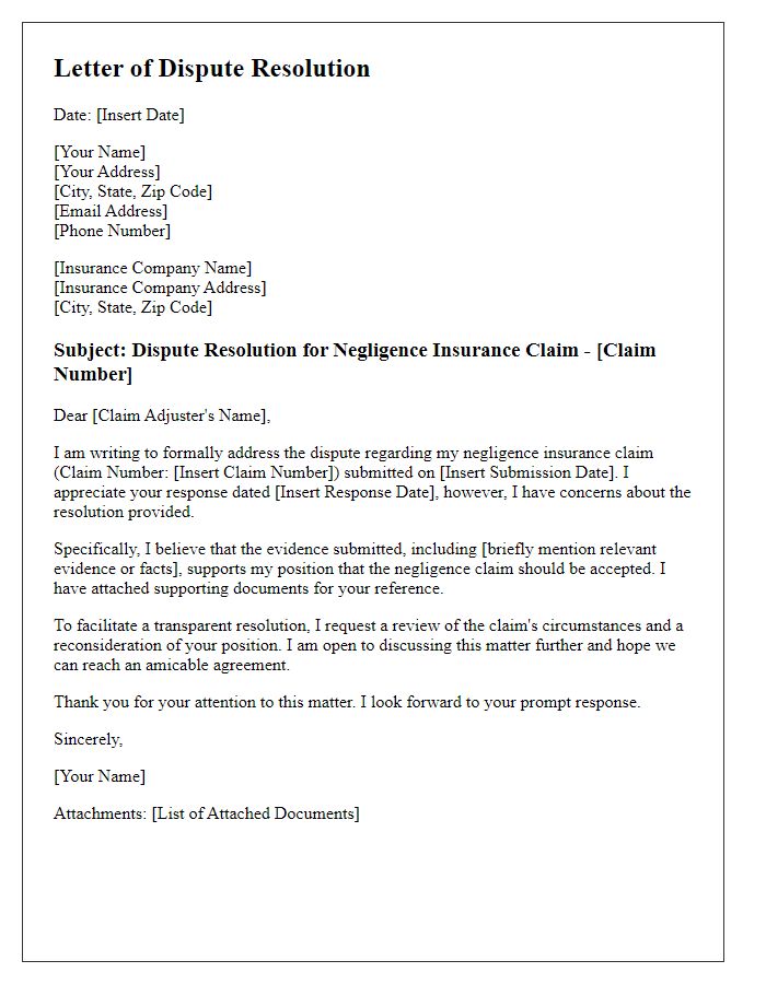 Letter template of negligence insurance claim dispute resolution.