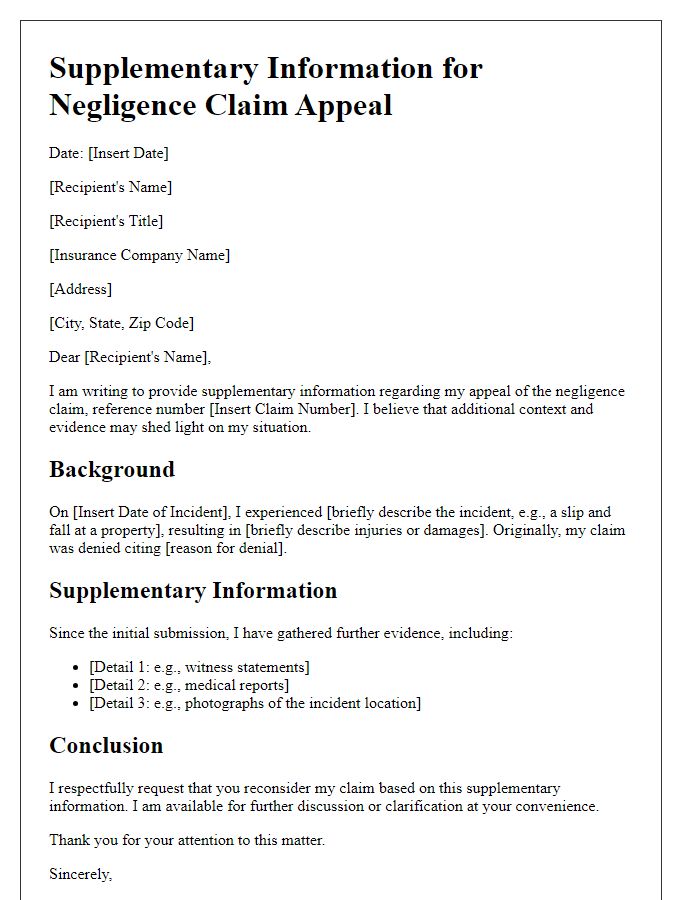 Letter template of supplementary information for negligence claim appeal.