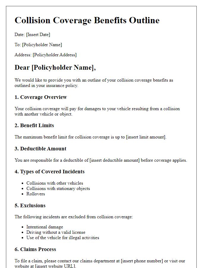 Letter template of insurance collision coverage benefits outline.