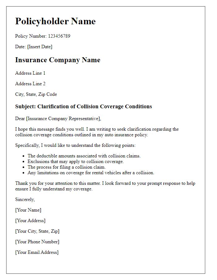 Letter template of insurance collision coverage conditions clarification.