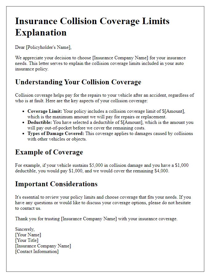 Letter template of insurance collision coverage limits explanation.