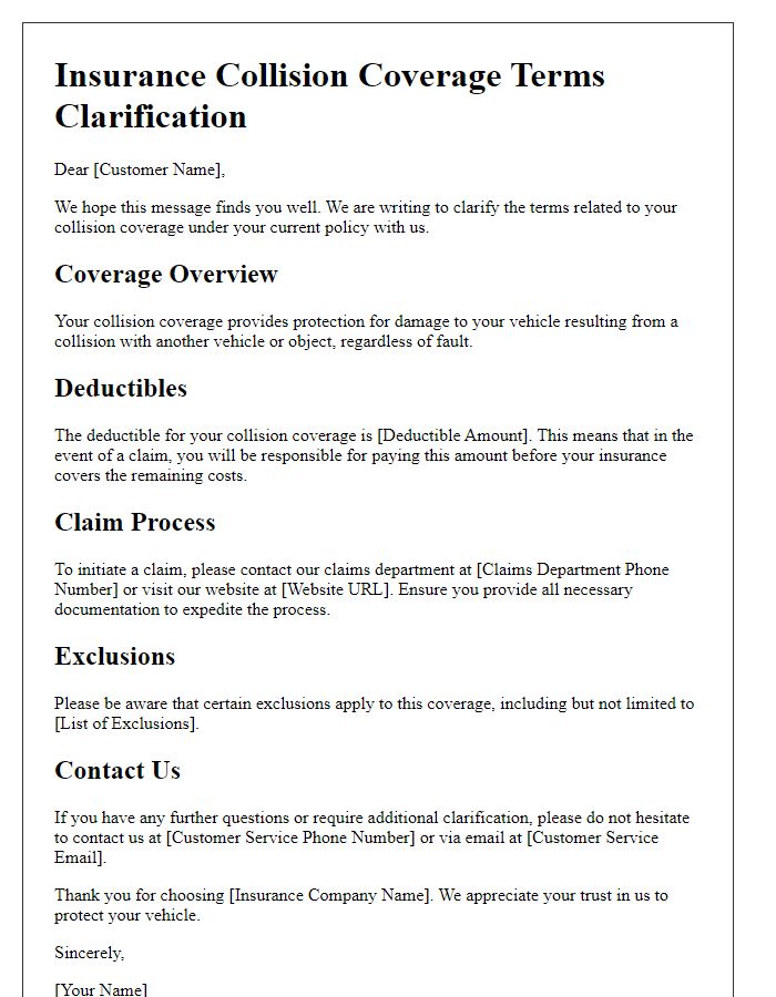 Letter template of insurance collision coverage terms clarification.