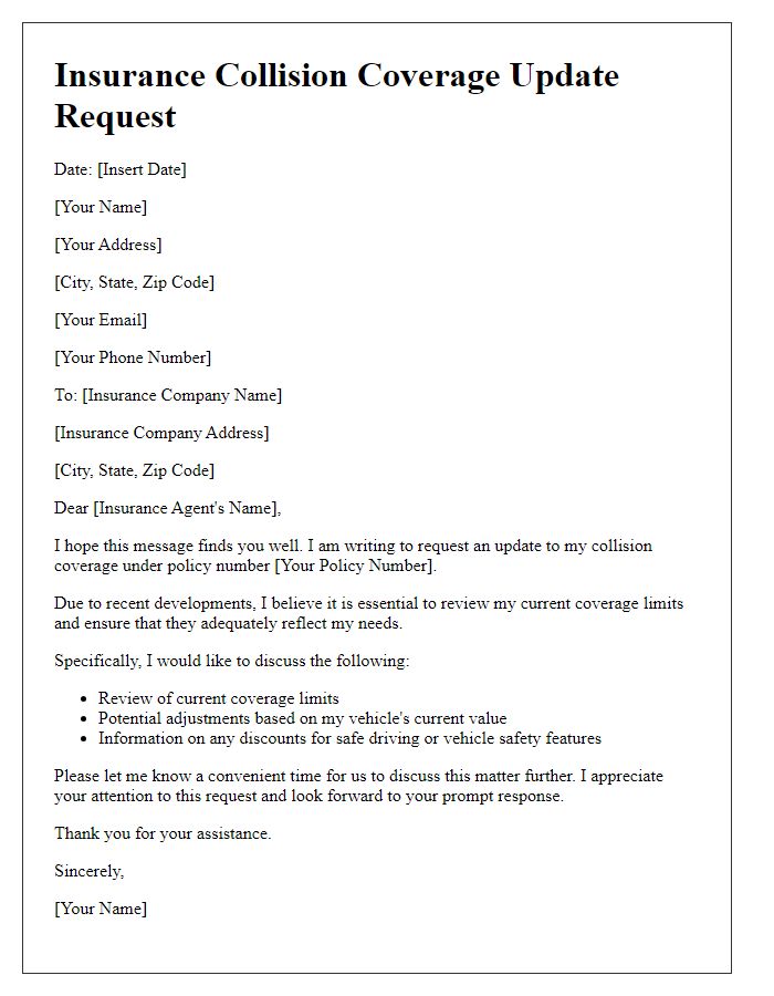 Letter template of insurance collision coverage update request.