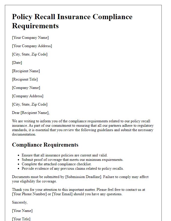 Letter template of policy recall insurance compliance requirements