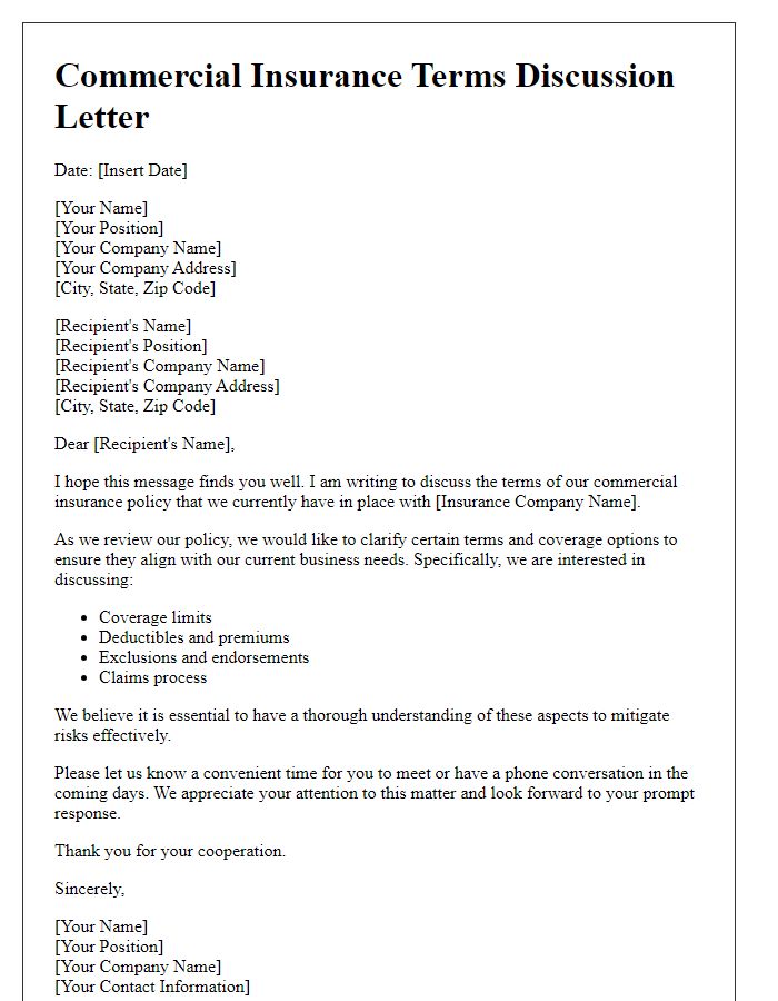 Letter template of commercial insurance terms discussion