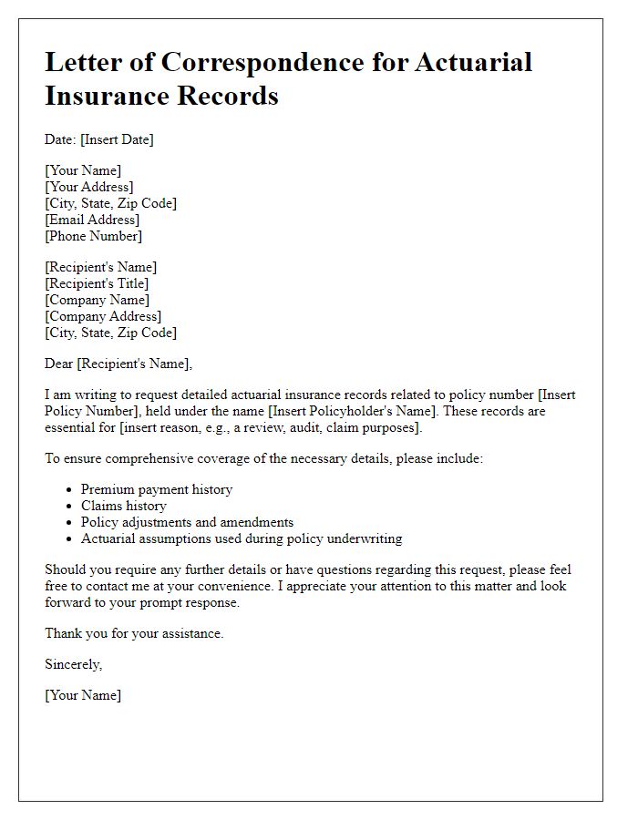 Letter template of correspondence for detailed actuarial insurance records