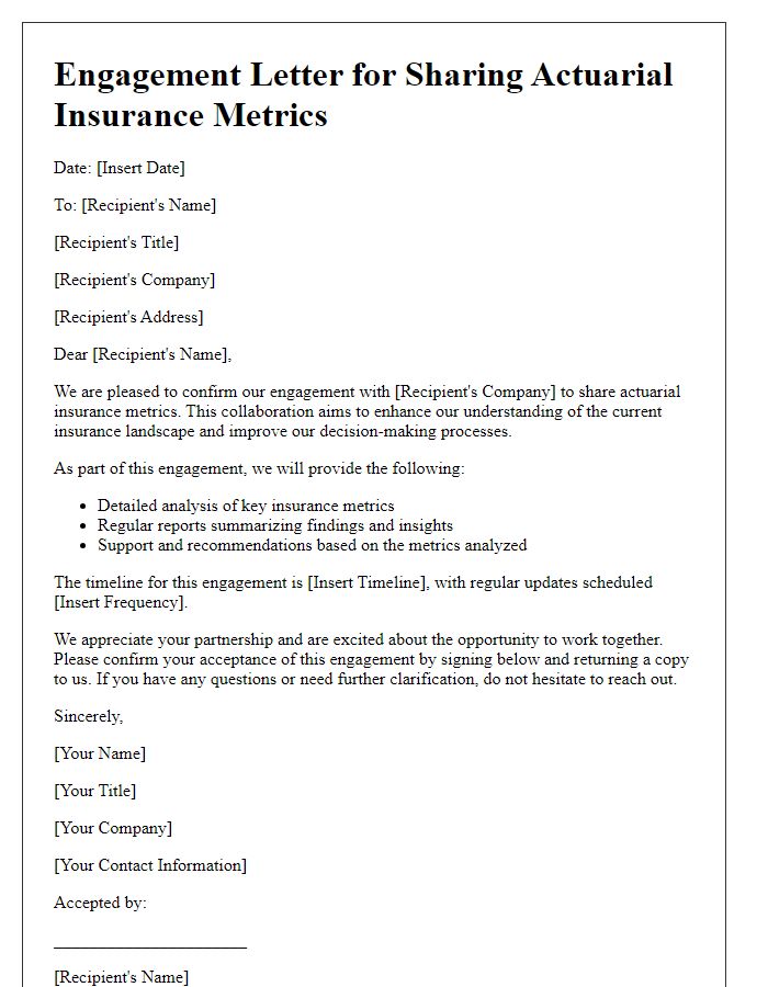 Letter template of engagement for sharing actuarial insurance metrics