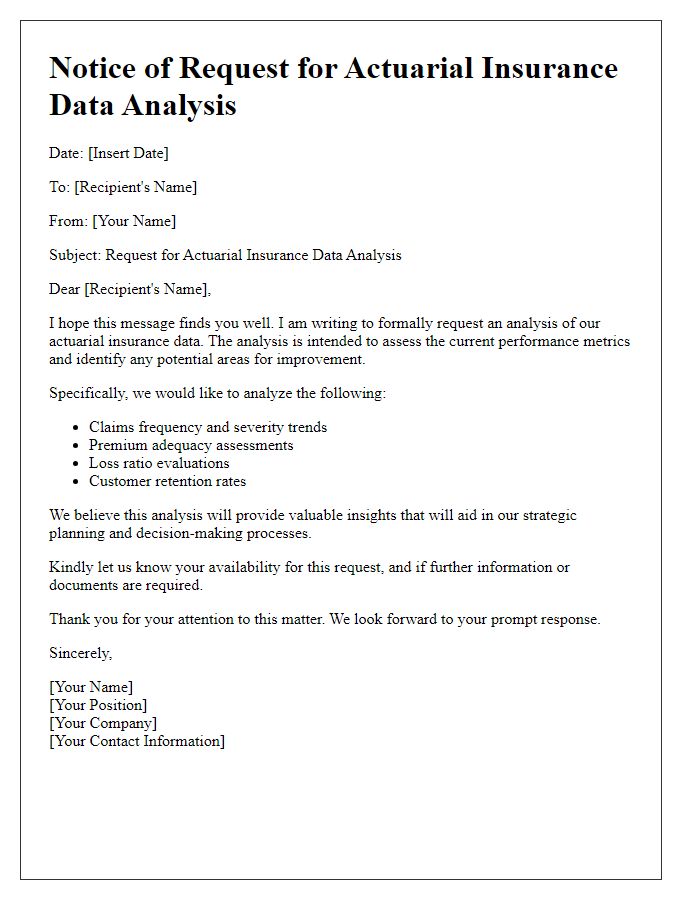 Letter template of notice requesting actuarial insurance data analysis