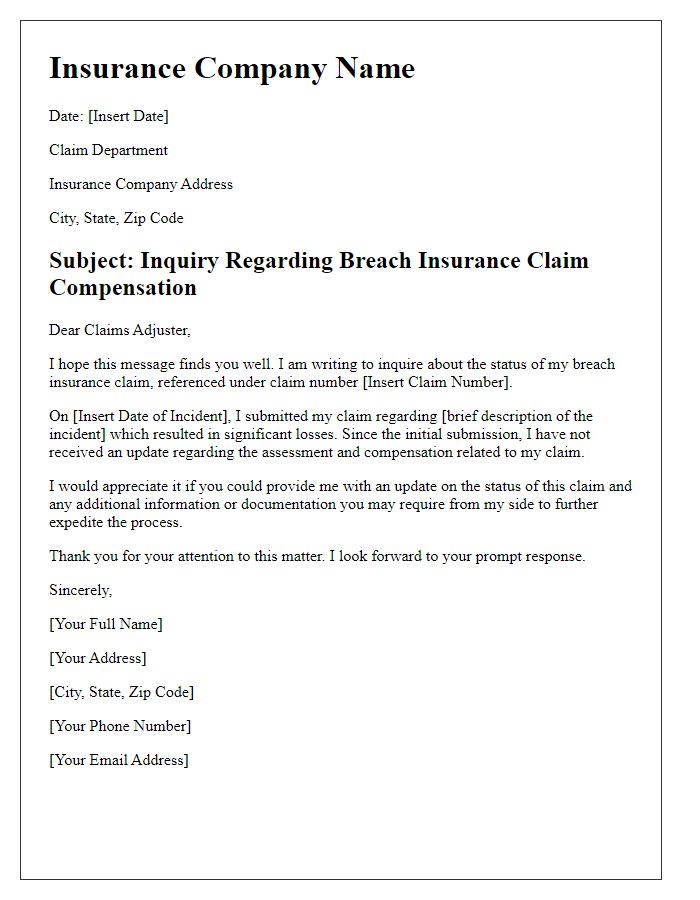 Letter template of breach insurance claim compensation inquiry