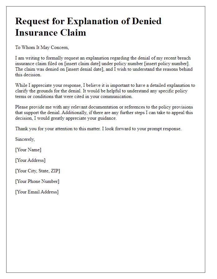 Letter template of breach insurance claim denial explanation request