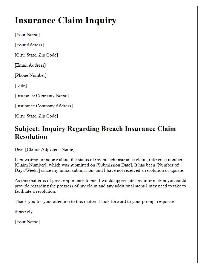 Letter template of breach insurance claim resolution inquiry